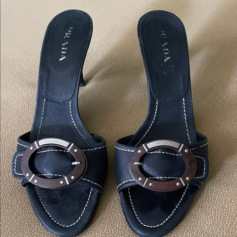 Prada Black Heeled Sandals with Brown Accents
